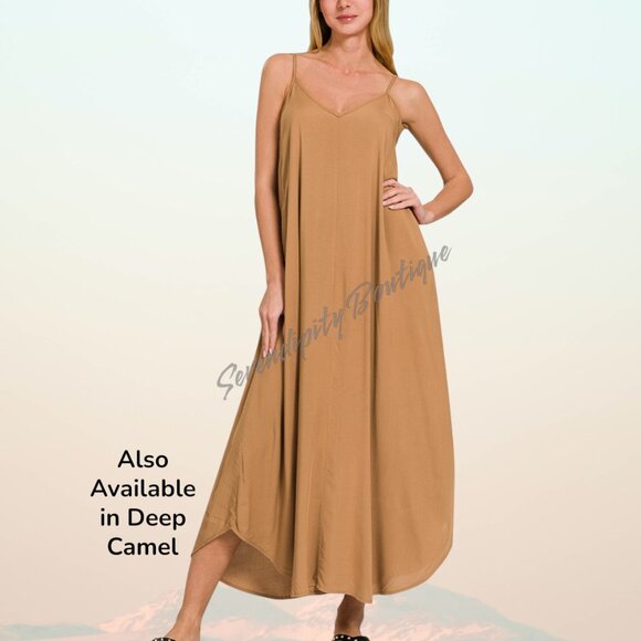 Effortlessly Classy Casual Everyday Cami Strap Swing Flowy Tea Length Dress - Picture 5 of 7